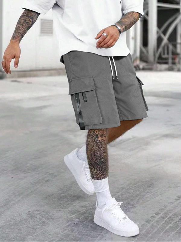 Men's Solid Drawstring Waist Cargo Shorts, Summer Outfits, Street Fashion Casual Streetwear Loose Pocket Straight Leg Shorts for Daily Outdoor Wear Back To School, Mens Bottoms for Summer