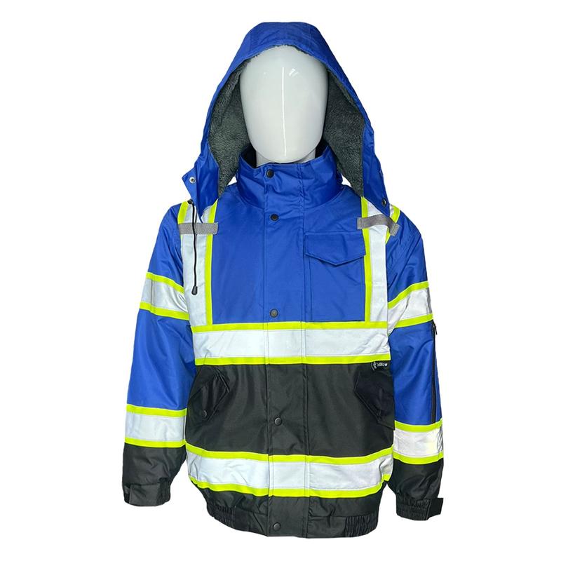 Royal Blue with black bottom Hi Visibility Reflective Safety Bomber Rain Jacket   Blue Safety Jacket with Sherpa Insulation to keep warm in cold weather  (see sizing information on description)