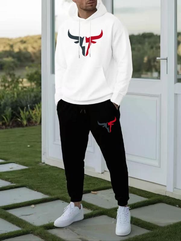 Men's Bull Head Print Kangaroo Pocket Hoodie & Drawstring Waist Sweatpants Two-piece Set, Regular Fit Sporty Long Sleeve Hooded Sweatshirt & Pocket Jogger Pants, Men's Two-piece Outfits for Fall & Winter