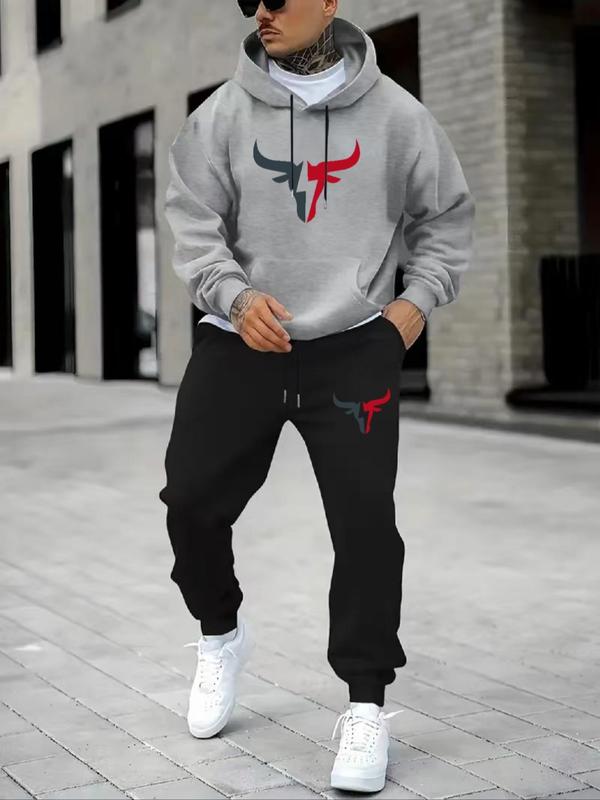 Men's Bull Head Print Kangaroo Pocket Hoodie & Drawstring Waist Sweatpants Two-piece Set, Regular Fit Sporty Long Sleeve Hooded Sweatshirt & Pocket Jogger Pants, Men's Two-piece Outfits for Fall & Winter