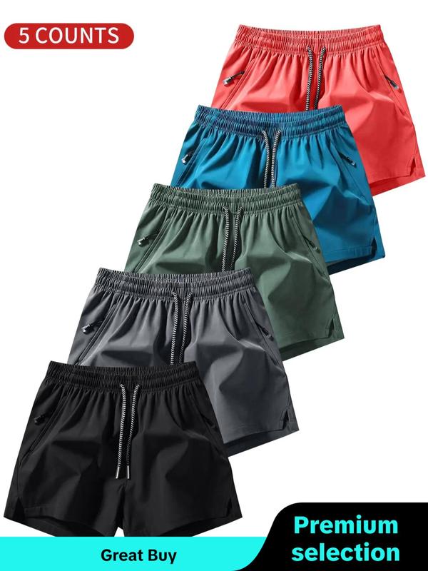 Men's Solid Color Drawstring Waist Zipper Split Hem Shorts, Regular Fit Casual Breathable Quick Drying Elastic Waist Shorts for Summer, Men's Bottoms for Beach Vacation