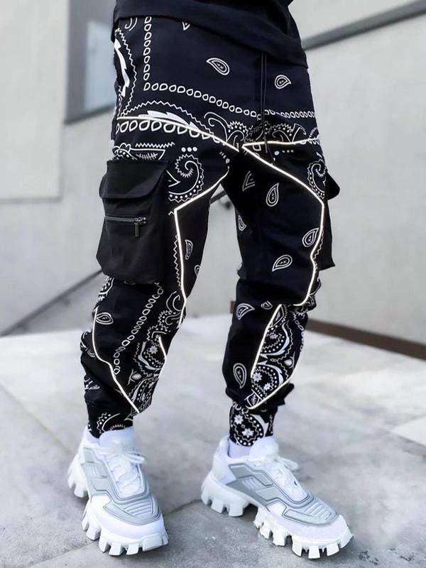 Men's Paisley Print Zipper Pocket Cargo Pants, Regular Fit Casual Street Drawstring Waist Trousers for Spring & Fall, Fashion Men's Bottoms for Daily Wear