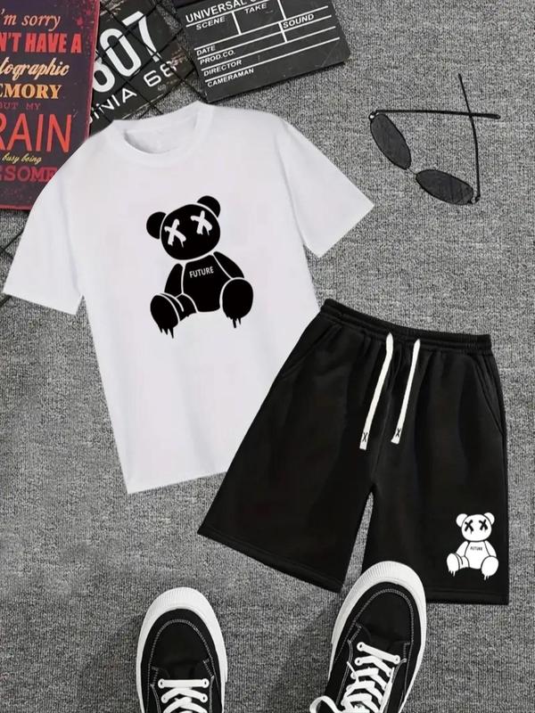 Two-piece Set Men's Y2k Cartoon Graphic Tee & Drawstring Waist Pocket Shorts Co-ord Set, Summer Clothes, Guys Cute Regular Fit Stylish Bear Graphic Shortsleeve T-shirt & Elastic Waist Track Shorts  Pants for Streetwear, Outfit Sets for Men, Summer Sets