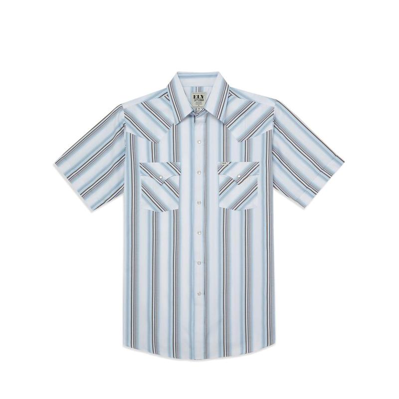 Men's Ely Cattleman Short Sleeve Stripe Western Snap Shirt- Blue & Tan