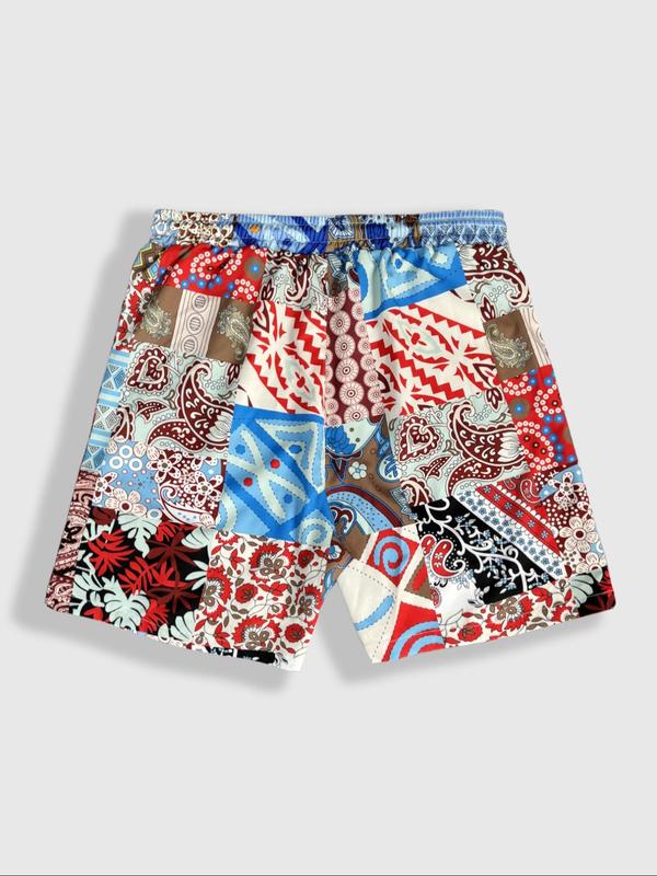 Men's All Over Patchwork Print Drawstring Waist Shorts, Casual Elastic Waist Pocket Beach Shorts, Shorts for Men, Summer Bottoms for Men