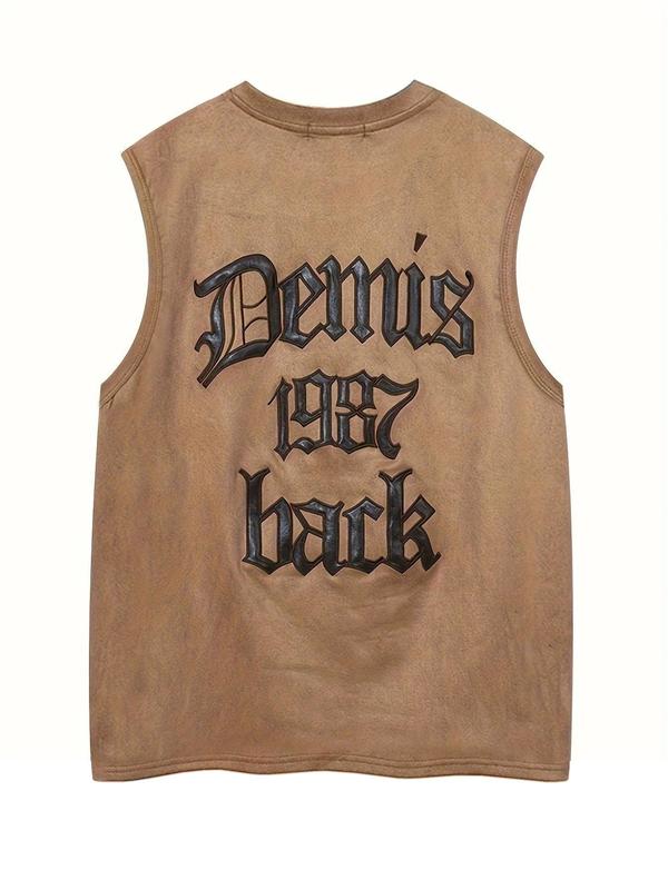 Men's Letter Embroidery Suede Tank Top, Loose Casual Sleeveless Round Neck Top for Summer, Fashion Men's Top for Daily Wear