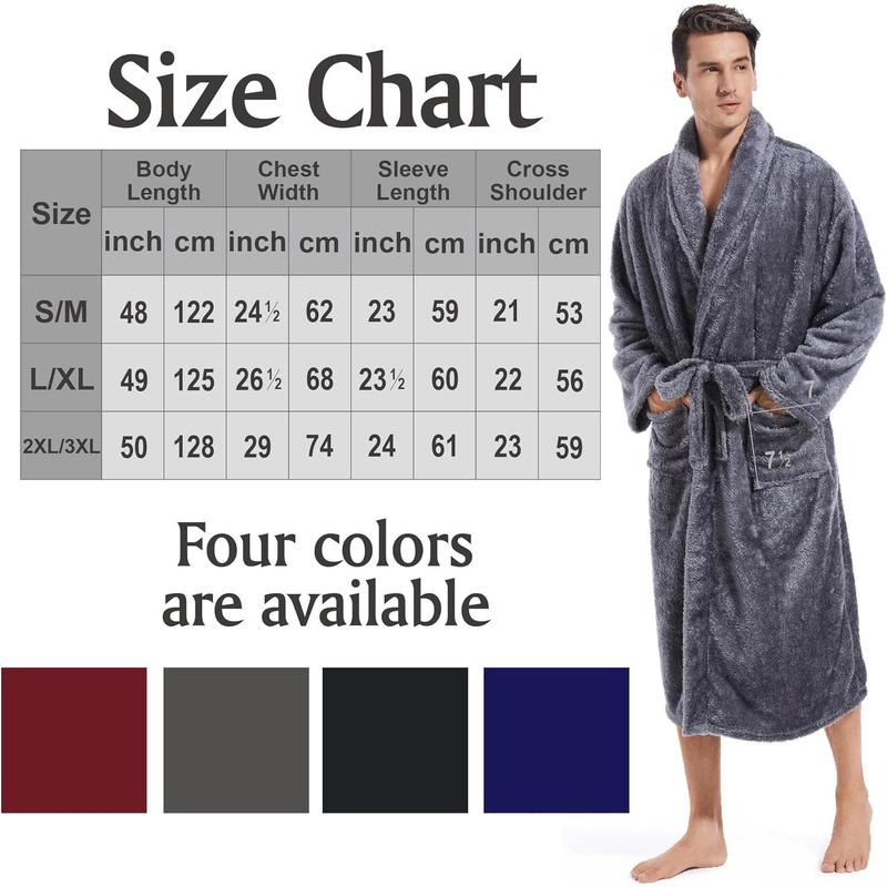 Mens Plush Fleece Robe, Cozy Warm Bathrobe Fuzzy Male Spa Long Robe With Pockets (DARK GREY)