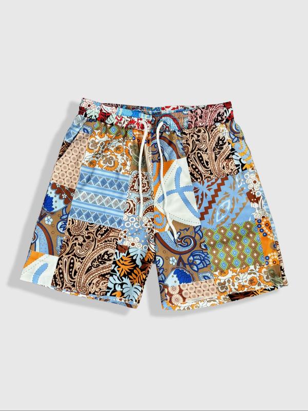 Men's All Over Patchwork Print Drawstring Waist Shorts, Casual Elastic Waist Pocket Beach Shorts, Shorts for Men, Summer Bottoms for Men