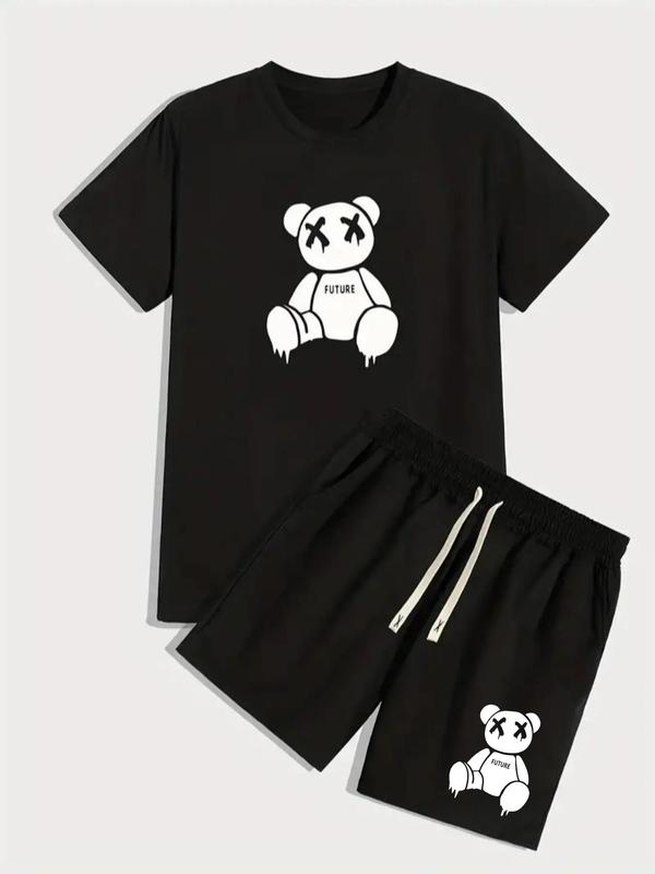 Two-piece Set Men's Y2k Cartoon Graphic Tee & Drawstring Waist Pocket Shorts Co-ord Set, Summer Clothes, Guys Cute Regular Fit Stylish Bear Graphic Shortsleeve T-shirt & Elastic Waist Track Shorts  Pants for Streetwear, Outfit Sets for Men, Summer Sets