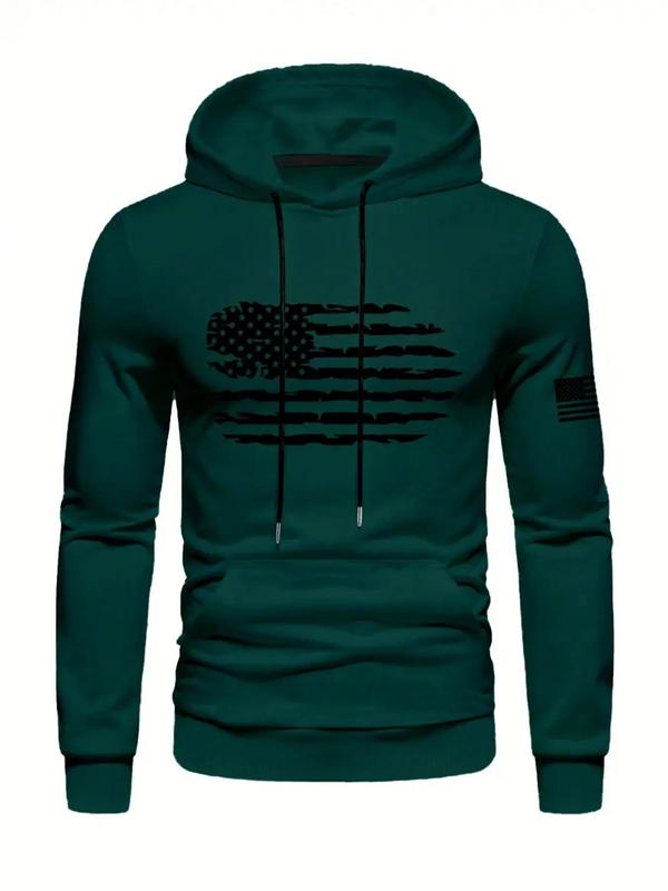 Men's American Flag Print Drawstring Hoodie, Casual Regular Fit Long Sleeve Pocket Hooded Sweatshirt for Fall & Winter, Men's Clothes for Daily Wear