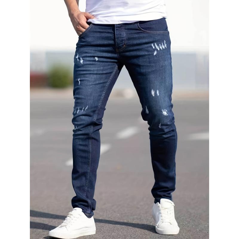 Slim Fit Ripped Jeans, Men's Casual Street Style Distressed Medium Stretch Denim Pants Menswear Polyester Trouser Streetwear Fabric Pocket