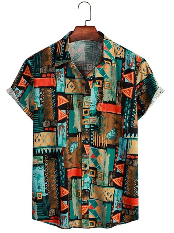 Men's Regular Fit All Over Print Button Front Graphic Shirt, Casual Short Sleeve Collared Top for Beach Vacation, Casual Men's Clothes for All Seasons