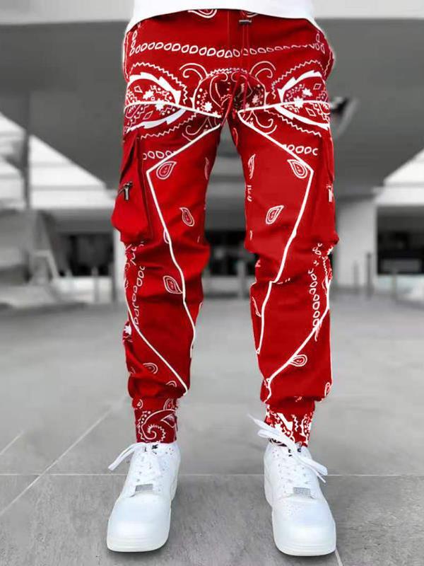 Men's Paisley Print Zipper Pocket Cargo Pants, Regular Fit Casual Street Drawstring Waist Trousers for Spring & Fall, Fashion Men's Bottoms for Daily Wear