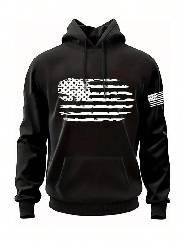 Men's American Flag Print Drawstring Hoodie, Casual Regular Fit Long Sleeve Pocket Hooded Sweatshirt for Fall & Winter, Men's Clothes for Daily Wear