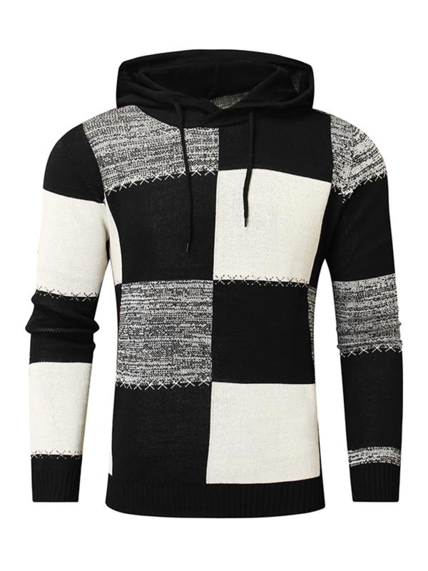 Men's Colorblock Plaid Print Drawstring Hooded Sweater, Regular Fit Casual Long Sleeve Knit Top for Fall & Winter, Fashion Men's Knitwear for Daily Wear