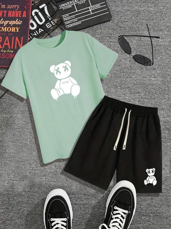 Two-piece Set Men's Y2k Cartoon Graphic Tee & Drawstring Waist Pocket Shorts Co-ord Set, Summer Clothes, Guys Cute Regular Fit Stylish Bear Graphic Shortsleeve T-shirt & Elastic Waist Track Shorts  Pants for Streetwear, Outfit Sets for Men, Summer Sets