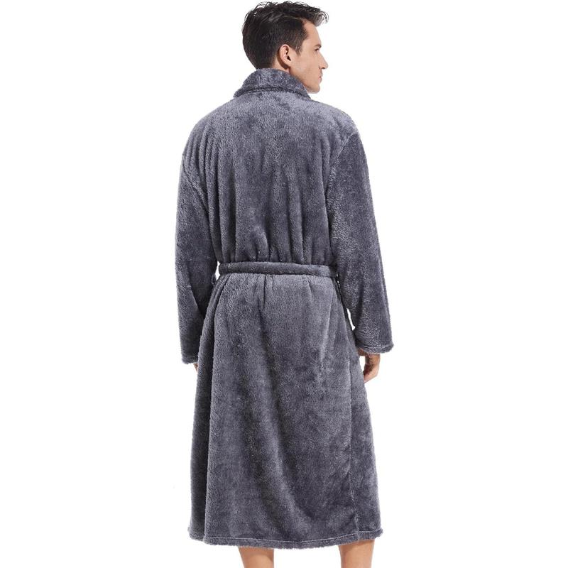 Mens Plush Fleece Robe, Cozy Warm Bathrobe Fuzzy Male Spa Long Robe With Pockets (DARK GREY)