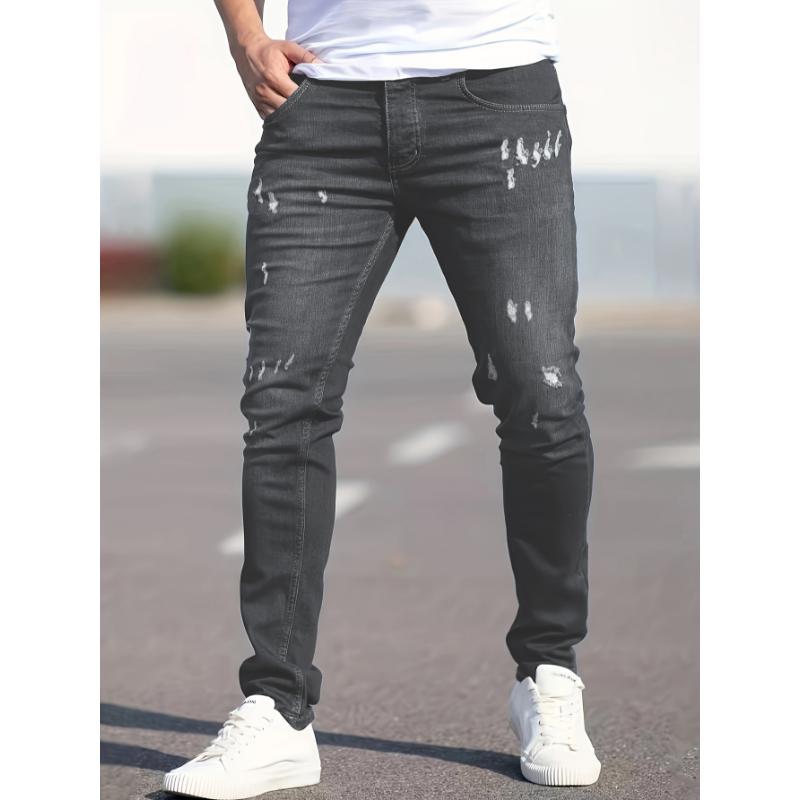 Slim Fit Ripped Jeans, Men's Casual Street Style Distressed Medium Stretch Denim Pants Menswear Polyester Trouser Streetwear Fabric Pocket