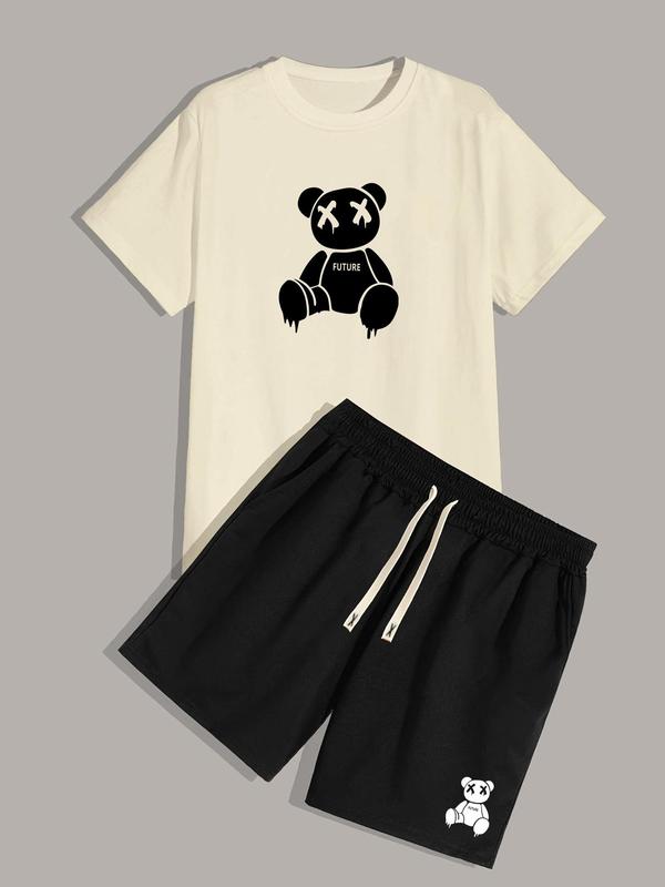 Two-piece Set Men's Y2k Cartoon Graphic Tee & Drawstring Waist Pocket Shorts Co-ord Set, Summer Clothes, Guys Cute Regular Fit Stylish Bear Graphic Shortsleeve T-shirt & Elastic Waist Track Shorts  Pants for Streetwear, Outfit Sets for Men, Summer Sets