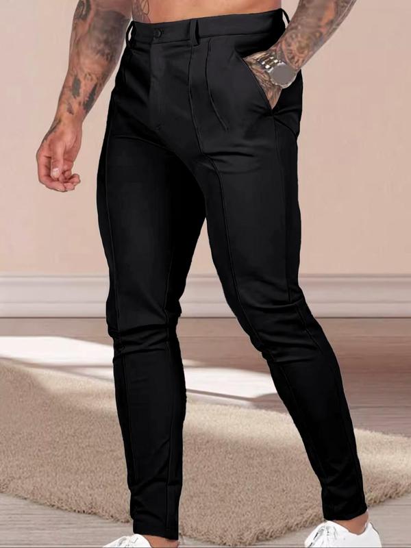 Men's Solid Color Skinny Pants, Slim Business Formal Pants for Work Office, Men's Trousers for All Seasons