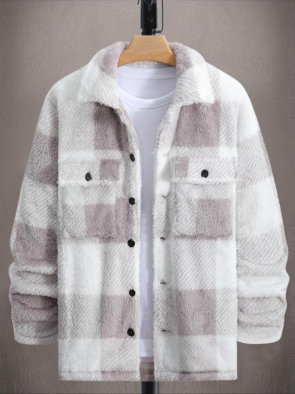 Men's Plaid Print Button Front Plush Coat, Casual Regular Fit Long Sleeve Drop Shoulder Outerwear for Fall & Winter, Men's Clothes for Daily Wear