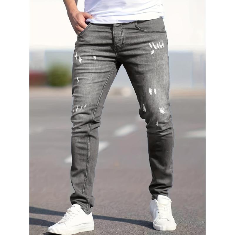 Slim Fit Ripped Jeans, Men's Casual Street Style Distressed Medium Stretch Denim Pants Menswear Polyester Trouser Streetwear Fabric Pocket