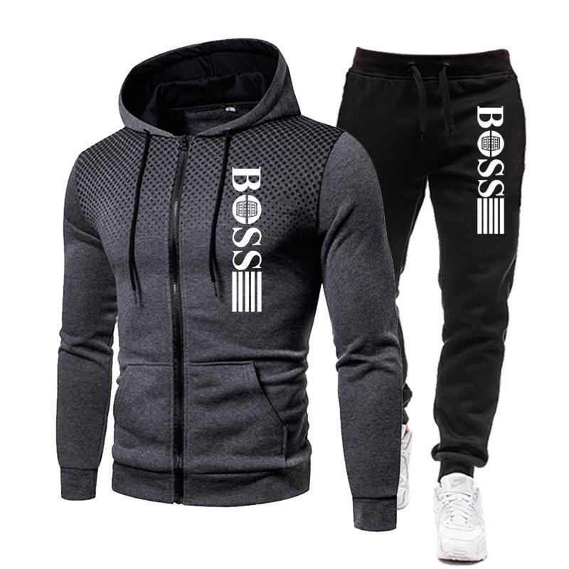 New Men's Zip Sweater Hooded Sports Suit Autumn and Winter Fashion Brand Printing Casual Sweatshirt Outfit