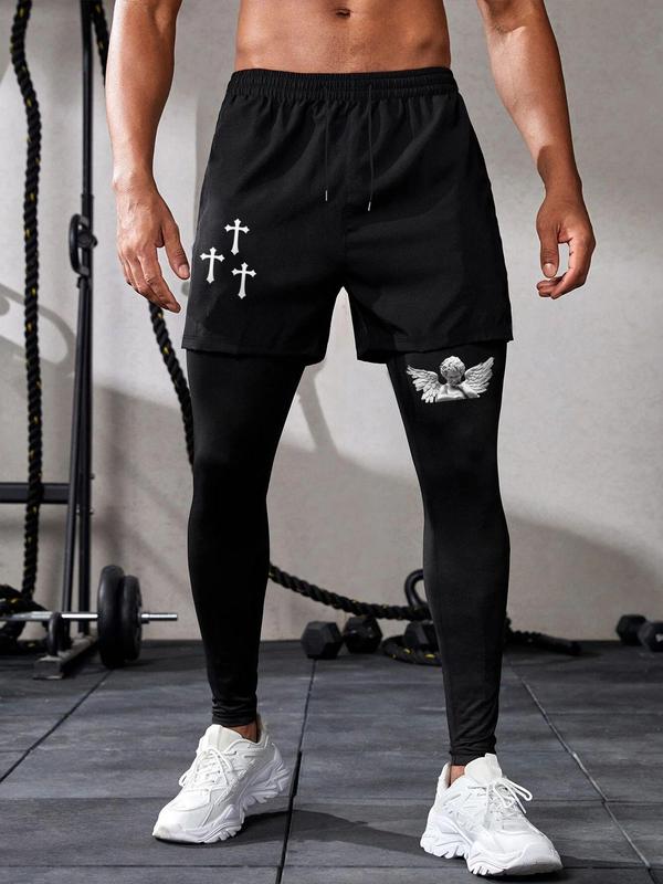 Men's 2 in 1 Letter & Cross Print Drawstring Waist Sweatpants, Casual Street Regular Fit Pocket Jogger Pants for Fall & Winter, Men's Trousers for Daily Wear