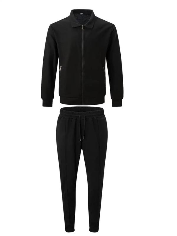 Men's Solid Zip Up Jacket & Drawstring Waist Pants Two-piece Set, Regular Fit Casual Long Sleeve Collared Outerwear & Pocket Trousers for Daily Wear, Men's Two-piece Outfits for All Seasons