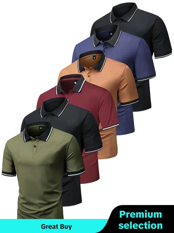 Men's Button Front Short Sleeve Polo Shirt, Casual Contrast Binding  Top for Summer, Fashion Men's Clothes for Daily Wear