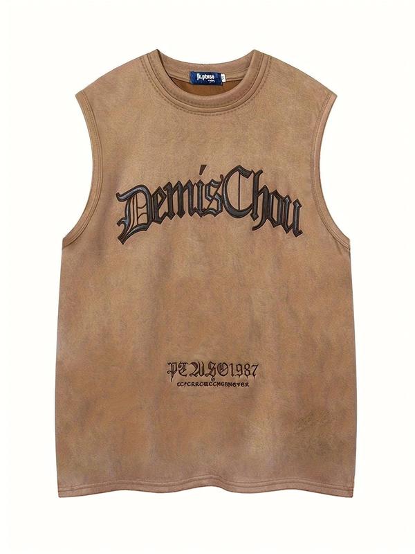 Men's Letter Embroidery Suede Tank Top, Loose Casual Sleeveless Round Neck Top for Summer, Fashion Men's Top for Daily Wear