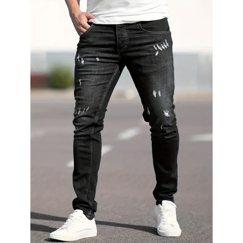 Slim Fit Ripped Jeans, Men's Casual Street Style Distressed Medium Stretch Denim Pants Menswear Polyester Trouser Streetwear Fabric Pocket