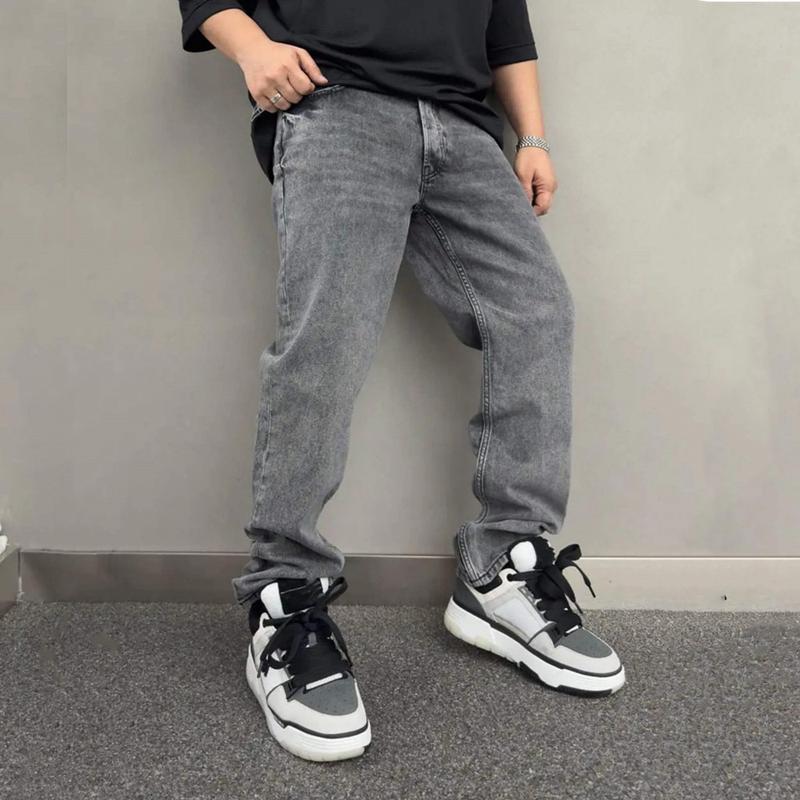 Streetwear Men Simple Grey Straight Loose Jeans Trousers  Men's Jogging Casual Denim Pants Menswear Underwear Human Beige Plain Pocket