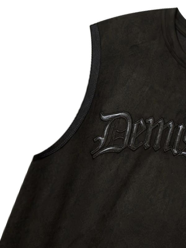 Men's Letter Embroidery Suede Tank Top, Loose Casual Sleeveless Round Neck Top for Summer, Fashion Men's Top for Daily Wear