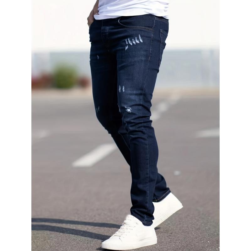 Slim Fit Ripped Jeans, Men's Casual Street Style Distressed Medium Stretch Denim Pants Menswear Polyester Trouser Streetwear Fabric Pocket