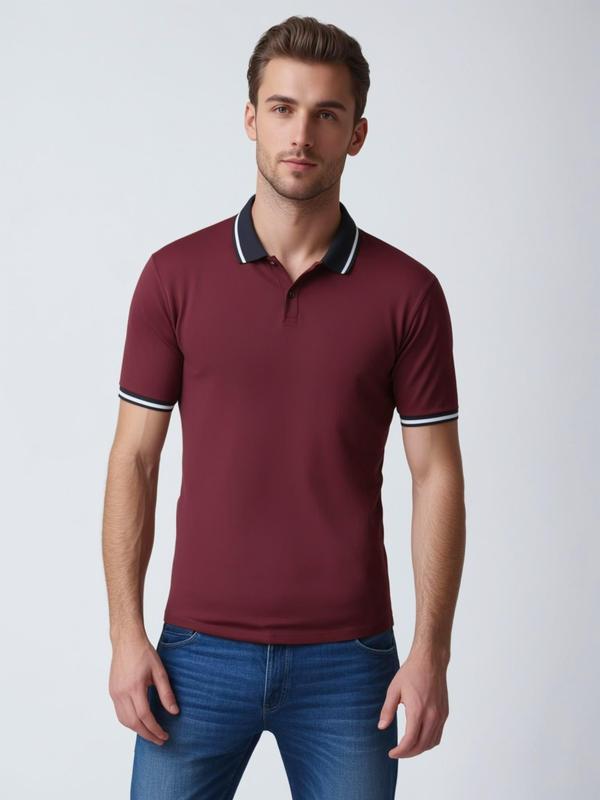 Men's Button Front Short Sleeve Polo Shirt, Casual Contrast Binding  Top for Summer, Fashion Men's Clothes for Daily Wear