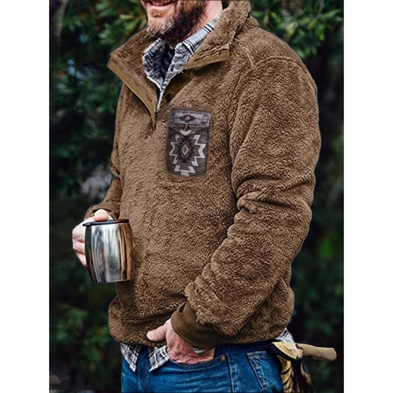 Men's Plush Pullover Winter Coat Western Vintage Sweater with Pocket