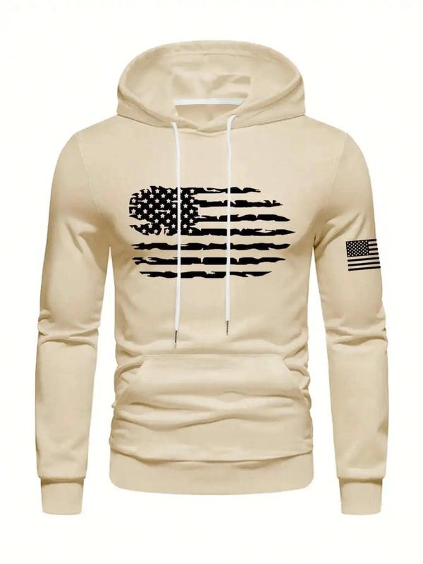 Men's American Flag Print Drawstring Hoodie, Casual Regular Fit Long Sleeve Pocket Hooded Sweatshirt for Fall & Winter, Men's Clothes for Daily Wear