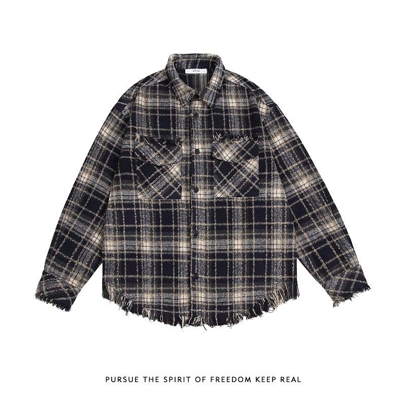 Retro Plaid Raw Edges Design Long-Sleeved Shirt Men's Loose Casual High Street Niche Shirt