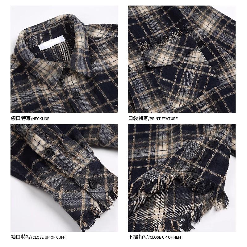 Retro Plaid Raw Edges Design Long-Sleeved Shirt Men's Loose Casual High Street Niche Shirt