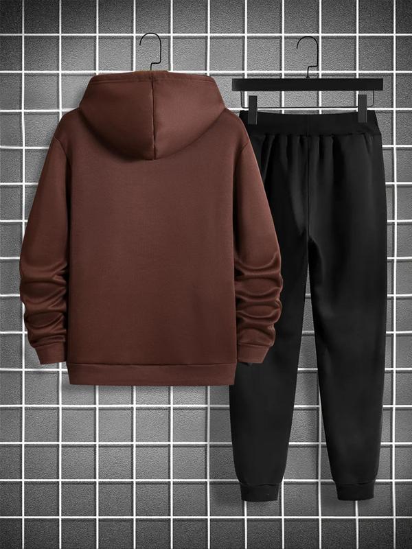 Men's Letter Print Pocket Hoodie & Drawstring Waist Sweatpants Set, Regular Fit Casual Long Sleeve Hooded Sweatshirt & Jogger Pants, Men's Fall & Winter Clothes