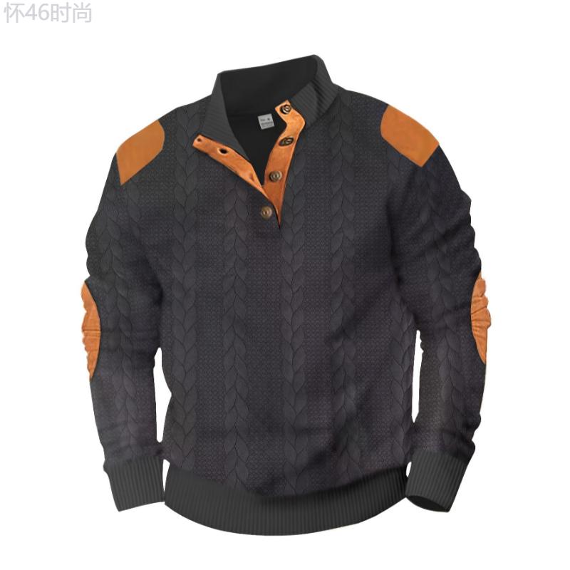 Men's Casual Plaid Knit Sweater with Mandarin Collar and Patched Elbow - Polyester - Long Sleeve Pullover for Spring, Autumn, and Winter Fabric Knitwear Menswear Stretch Tops Longsleeves knit sweater pullover sweater