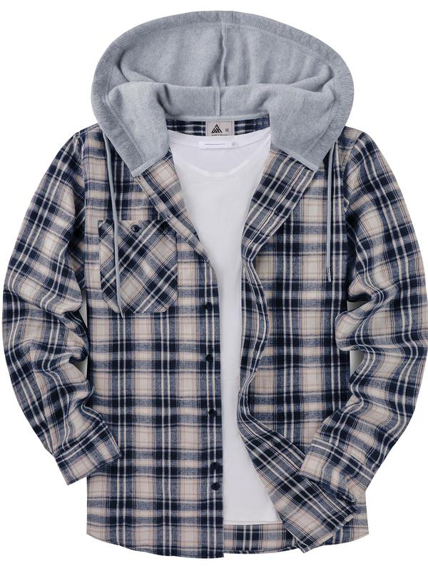 Men's Plaid Print Button Front Drawstring Hooded Shirts, Regular Fit Casual Functional Features Long Sleeve Pocket Comfortable Fabric Hoodie Top for Daily Wear, Classic Design Tops, Men's Clothing for All Seasons