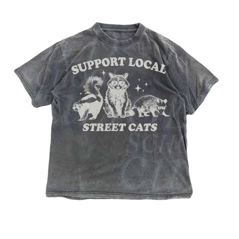 Support Your Local Street Cats Graphic T-Shirt, Retro Unisex Adult T Shirt, Vintage Raccoon T Shirt, Nostalgia T Shirt, Relaxed Cotton Tees Tshirt Shortsleeve