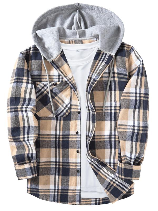 Men's Plaid Print Button Front Drawstring Hooded Shirts, Regular Fit Casual Functional Features Long Sleeve Pocket Comfortable Fabric Hoodie Top for Daily Wear, Classic Design Tops, Men's Clothing for All Seasons