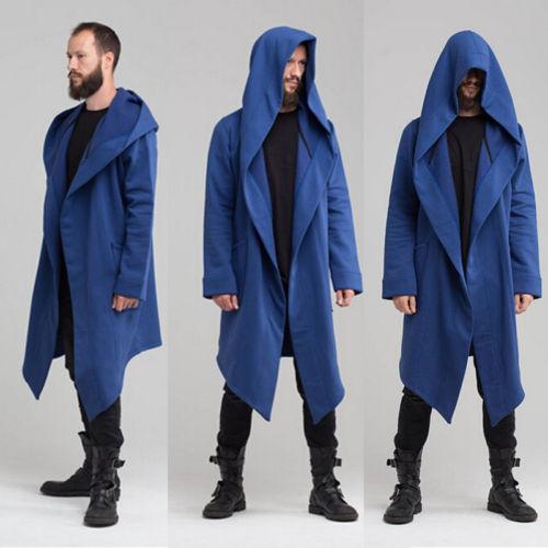 Men Winter Casual Hoodie, Solid Color Cardigan Cloak Coat, Open Front Warm Long Outwear