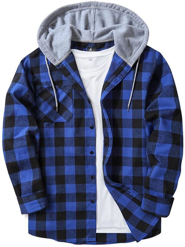 Men's Plaid Print Button Front Drawstring Hooded Shirts, Regular Fit Casual Functional Features Long Sleeve Pocket Comfortable Fabric Hoodie Top for Daily Wear, Classic Design Tops, Men's Clothing for All Seasons