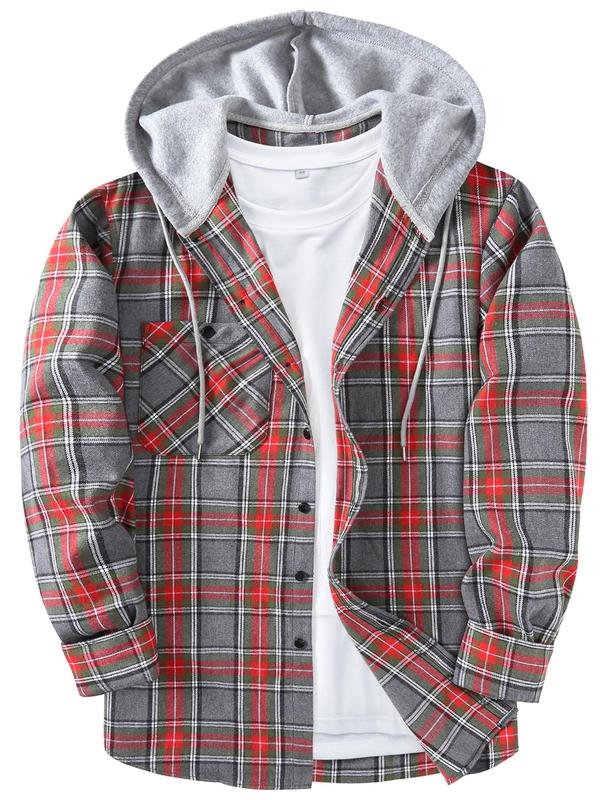 Men's Plaid Print Button Front Drawstring Hooded Shirts, Regular Fit Casual Functional Features Long Sleeve Pocket Comfortable Fabric Hoodie Top for Daily Wear, Classic Design Tops, Men's Clothing for All Seasons