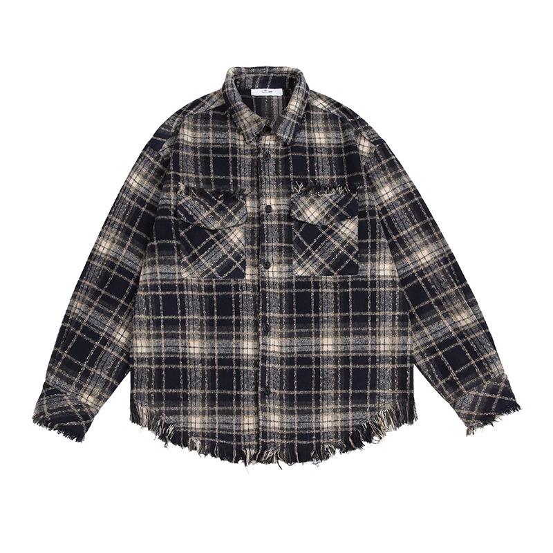 Retro Plaid Raw Edges Design Long-Sleeved Shirt Men's Loose Casual High Street Niche Shirt