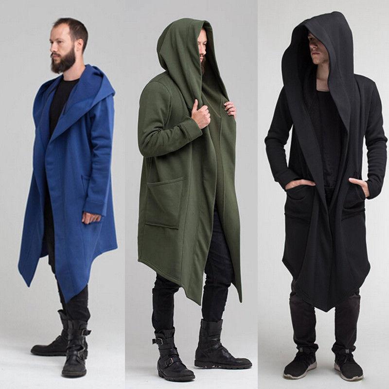 Men Winter Casual Hoodie, Solid Color Cardigan Cloak Coat, Open Front Warm Long Outwear